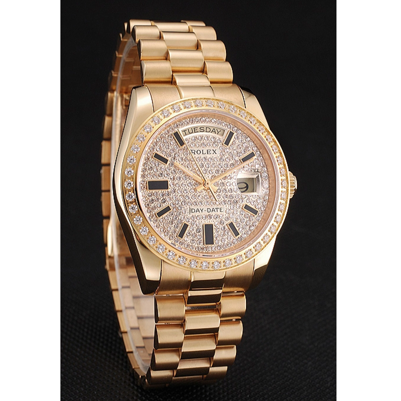AAA replica watch And Pave Diamond Swiss And Day Bracelet Case Bezel Gold Dial Date Rolex 0824